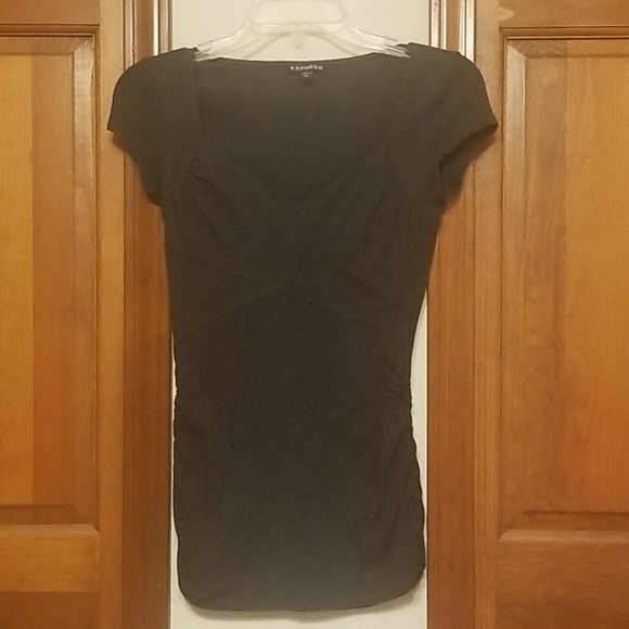 Express Tops - Rouched Tight V neck Express Top with Cap Sleeves